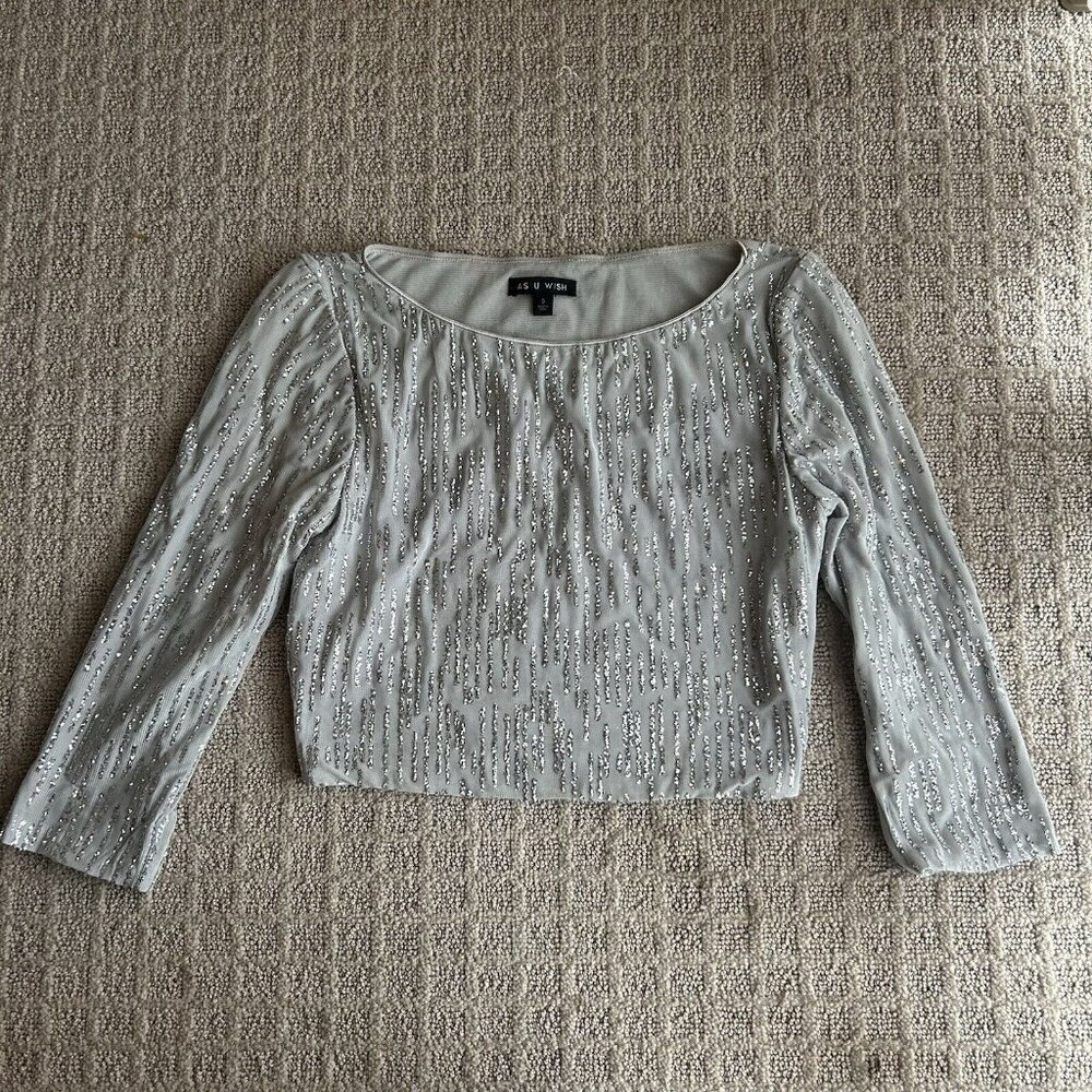 Y2K Retro VTG Gray Sparkly Glitter Cropped Crop Top 3/4 Sleeve As U Wish‎ Zip